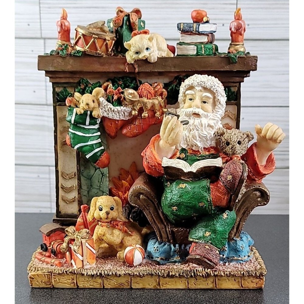 Vtg Santa Relaxing By The Fireplace W/ Animals Books Toys Candles Table Figurine